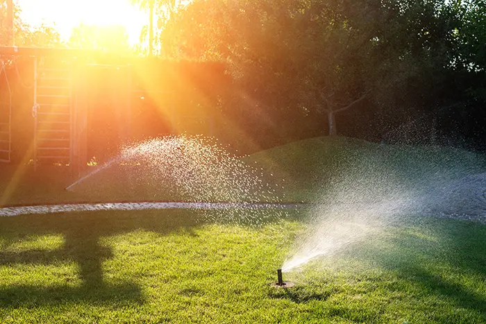 Wassersprinkler bewässern einen Rasen bei Sonnenuntergang.